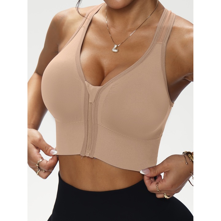 Bustiera de sport, tip sutien, elegant, sexy, prindere cu fermoar in fata, culoare negru, Crem