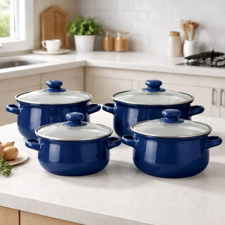 Set de 4 ghivece emailate Altom cu capac 16/18/20/22 cm, albastru marin