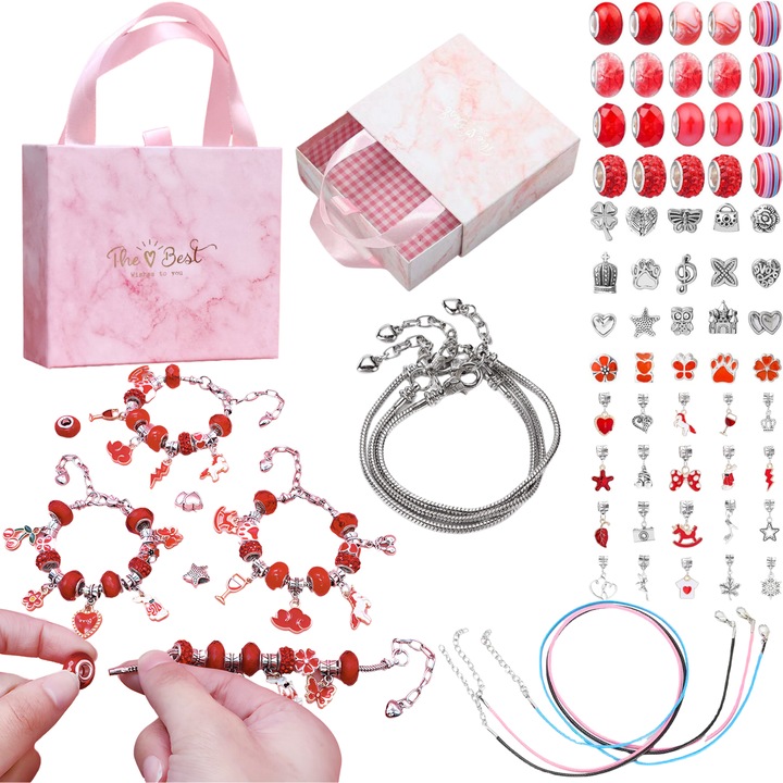 Kreatív készlet karkötőkhöz és nyakláncokhoz, maksik, piros, 3 karkötő, 3 zsinór