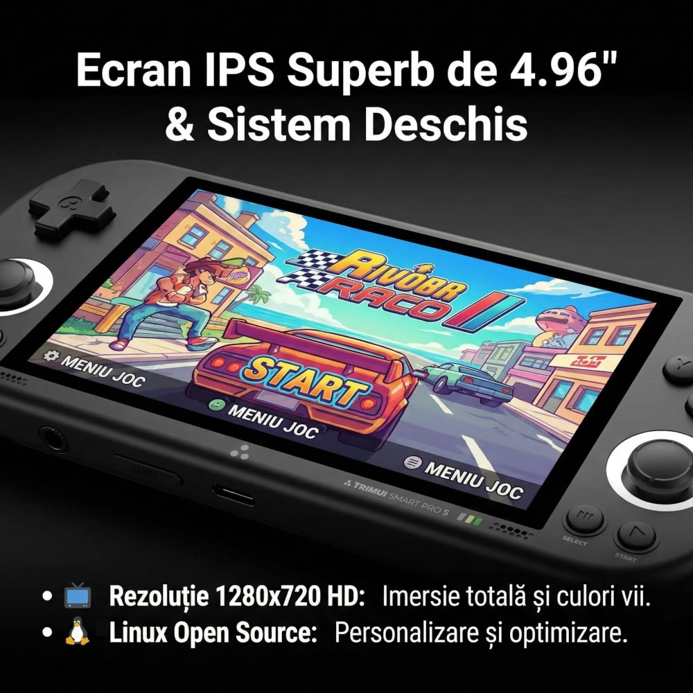 Consola retro portabila TRIMUI Smart Pro S, Allwinner A523 2GHz, 1GB LPDDR4X, IPS LCD 4.96" 1280x720, 5000 mAh, WiFi 6, Bluetooth 5.4, negru
