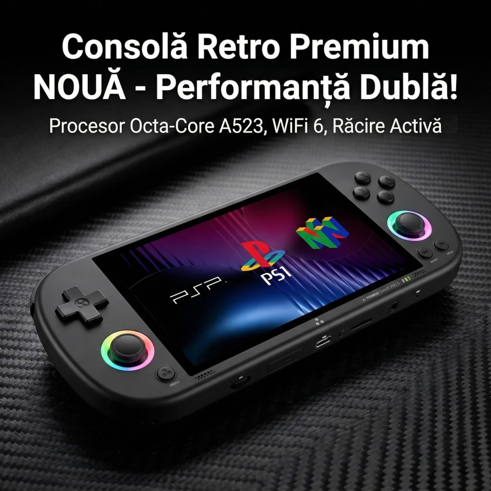 Consola retro portabila TRIMUI Smart Pro S, Allwinner A523 2GHz, 1GB LPDDR4X, IPS LCD 4.96" 1280x720, 5000 mAh, WiFi 6, Bluetooth 5.4, negru