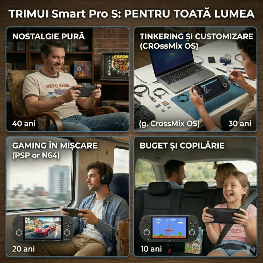 Consola retro portabila TRIMUI Smart Pro S, Allwinner A523 2GHz, 1GB LPDDR4X, IPS LCD 4.96" 1280x720, 5000 mAh, WiFi 6, Bluetooth 5.4, negru