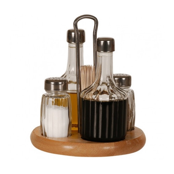Set condimente 4 piese, Luka, lemn de fag, sticla, 18x15,5cm