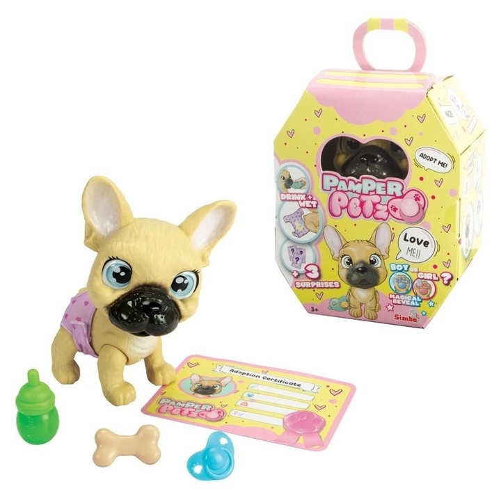 Jucarie animal Pamper Petz Buldog francuzesc, Simba, 15cm, cu 3 surprize