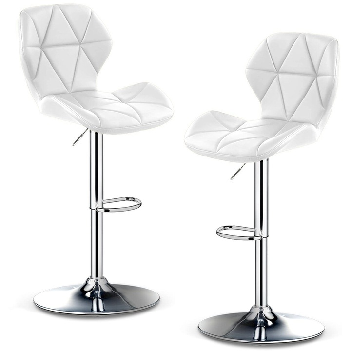 Set 2 scaune bar Quasar & Co.®, inalt, inaltime reglabila, rotativ, sistem rotire 360°, picior antiderapant, baza cromata, suport fix metalic pentru picioare, sezut tip scoica, scaune pretabile bucatarie, piele ecologica, NOMA, alb