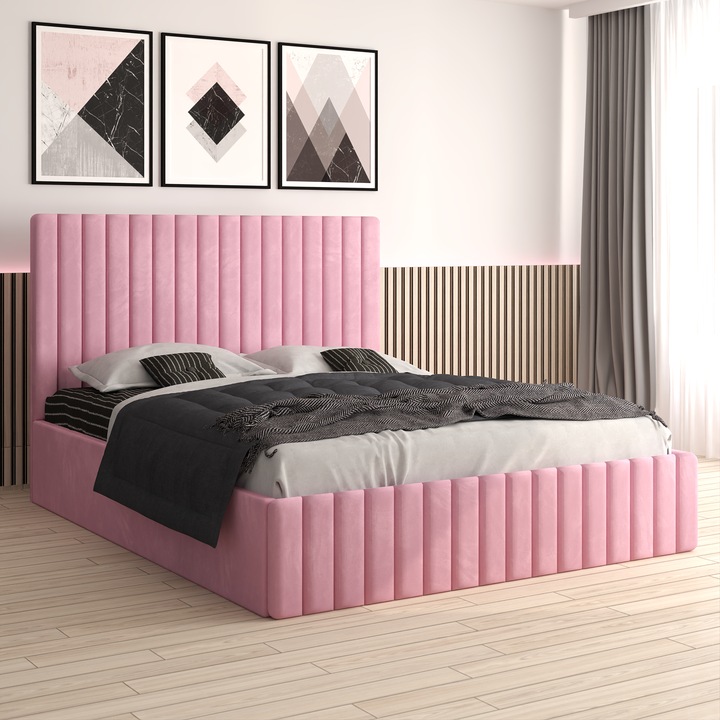 Pat tapitat Melania, roz, 160x200 cm, tapiterie din catifea, cadru solid