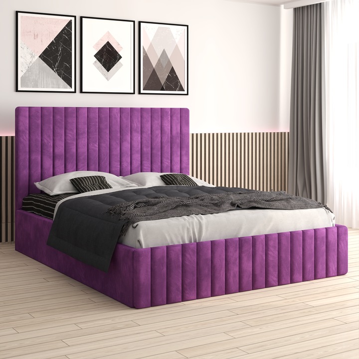 Pat tapitat Melania, mov, 180x200cm, tablie inalta, lada cu somiera rabatabila optionala