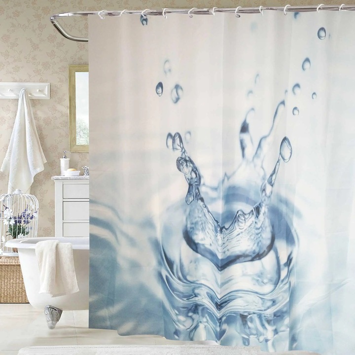 Perdea de duș KADDA SWSC-1480, model picătură apă, alb cu albastru, 180x200cm, set cu 12 inele de prindere