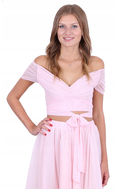 Top din tul, cu funda laterala, umeri goi, maneci ornamentale, roz