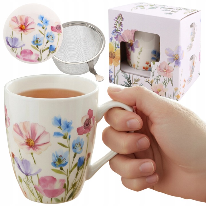 Cana de Portelan cu Infuzor si Capac, Floral Elegant, 340ml, Set Cadou pentru Ceai