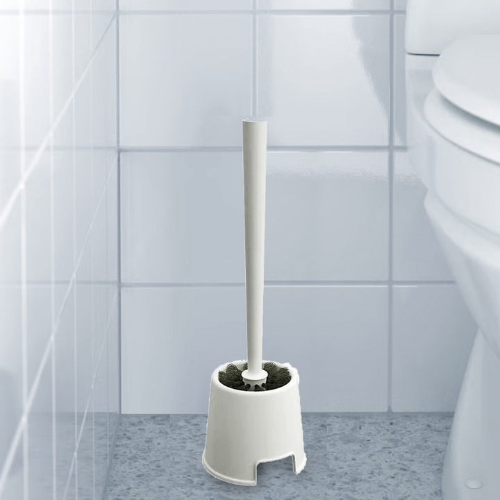 Perie WC, set cu suport, alb, plastic lucios