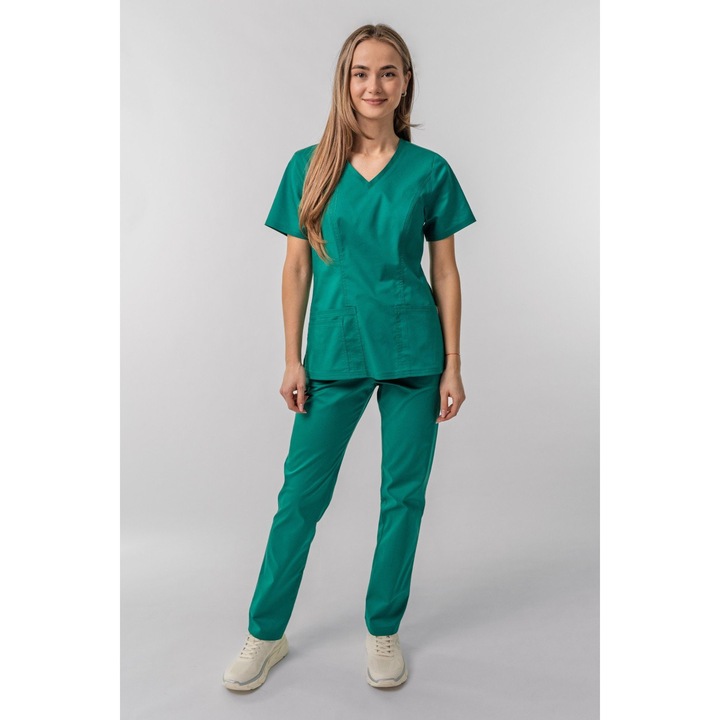 Costum medical Masstex Mara, cambrat, guler în V, verde chirurgical, 2XL