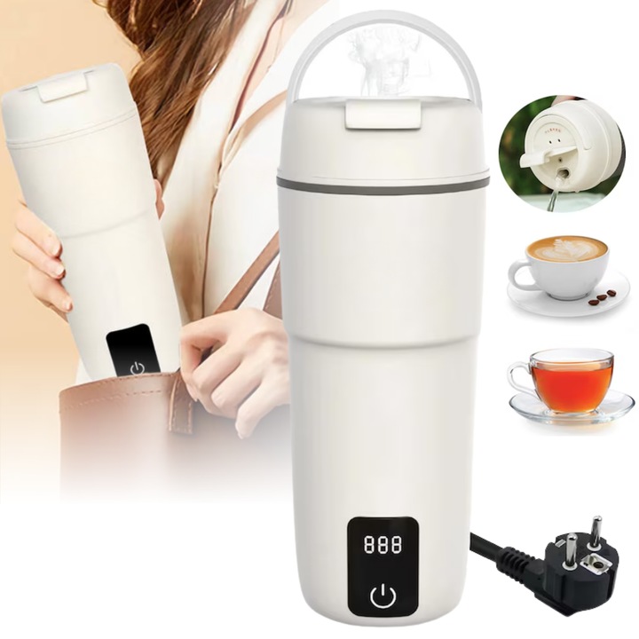 Hordozható elektromos vízforraló, Luxofia, 350ml, digitális kijelző, 4 hőmérséklet-beállítás 45-60-80-100°C, automatikus kikapcsolás, rozsdamentes acél belső, 2 órás hőmérséklettartás, forrázás elleni védelem, fehér