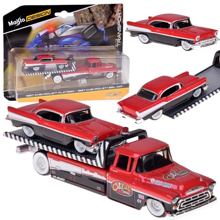 Set masinute metalice 1:64, Chevrolet Flatbed 1957 si Bel Air 1957, rosu