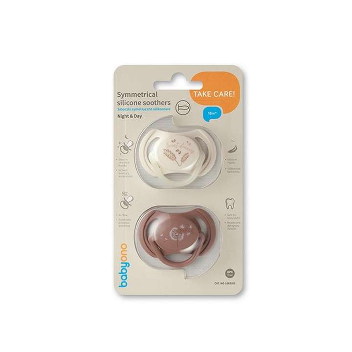 Set 2 suzete anatomice BabyOno, silicon, multicolor, 18m+, maner luminos pentru noapte