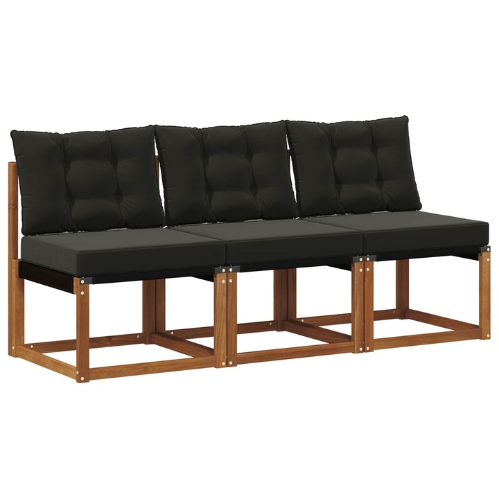 Set mobilier gradină, vidaXL, 3 canapele modulare, lemn acacia, perne negre, 59x63x73cm
