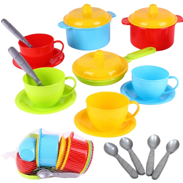 Set bucatarie copii, maksik, 2 garnci cu capac, tigaie, 4 farfurii, 4 cesti, 4 lingurite, multicolor, 23x19x11cm