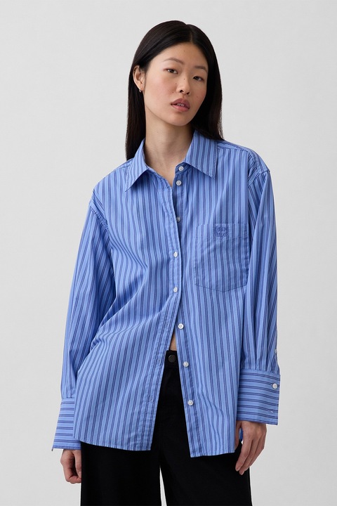 GAP, Camasa din bumbac organic cu model in dungi, Albastru inchis
