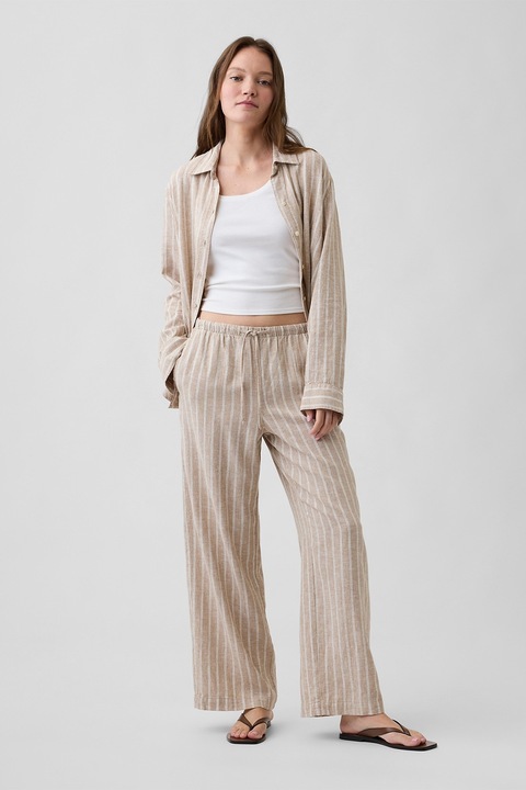 GAP, Pantaloni din amestec de in cu croiala ampla, Alb/Maro camel