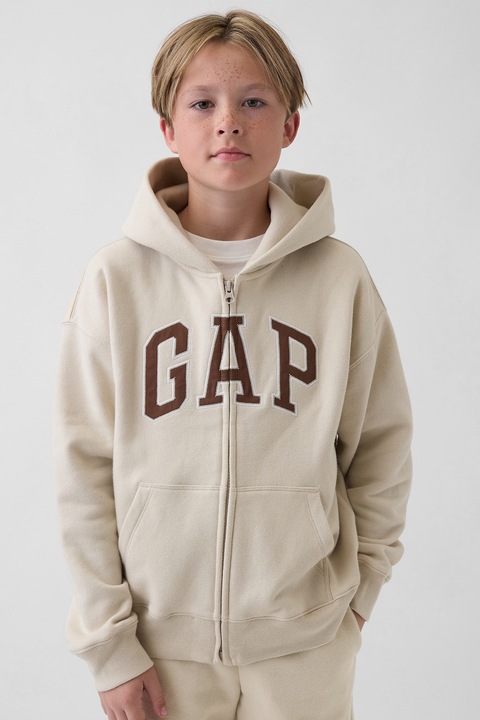 GAP, Hanorac din amestec de bumbac cu fermoar si logo, Maro/Bej