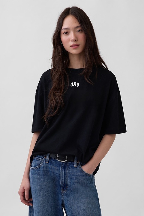 GAP, Tricou supradimensionat din bumbac organic cu imprimeu logo, Negru