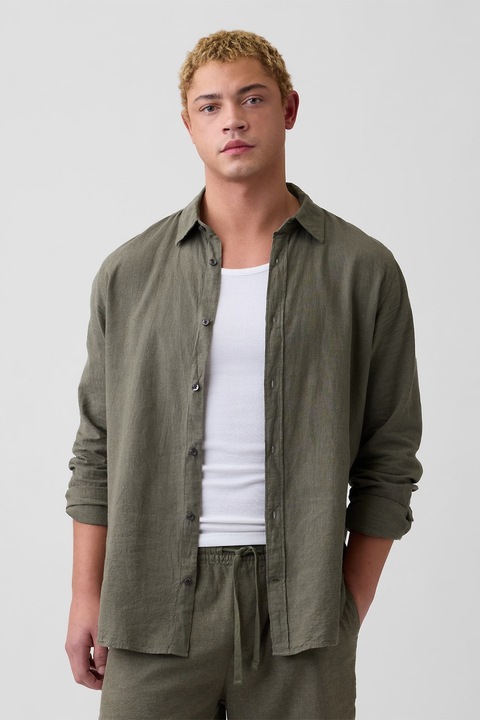GAP, Camasa din amestec de in si bumbac cu guler clasic, Kaki