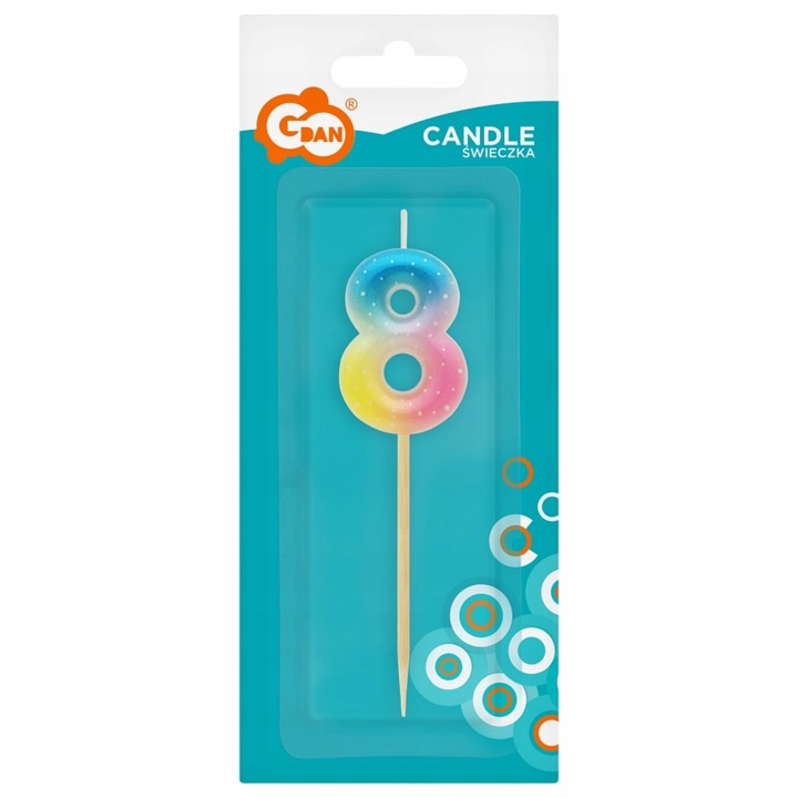 Lumanare aniversara in forma de cifra, Godan, Cifra 8, 65 mm x 45 mm x 10 mm, ceara si lemn, pentru torturi briose petreceri aniversare copii si baby shower, curcubeu pastelat ombre