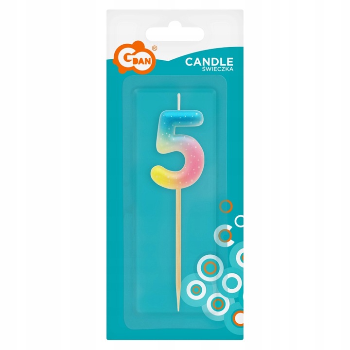 Lumanare aniversara in forma de cifra, Godan, Cifra 5, 65 mm x 45 mm x 10 mm, ceara si lemn, pentru torturi briose petreceri aniversare copii si baby shower, curcubeu pastelat ombre