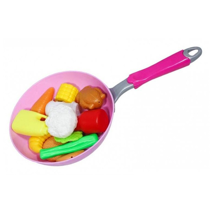 Set bucatarie copii, maksik, 18 accesorii, tigaie rozie, dimensiuni 34x18cm
