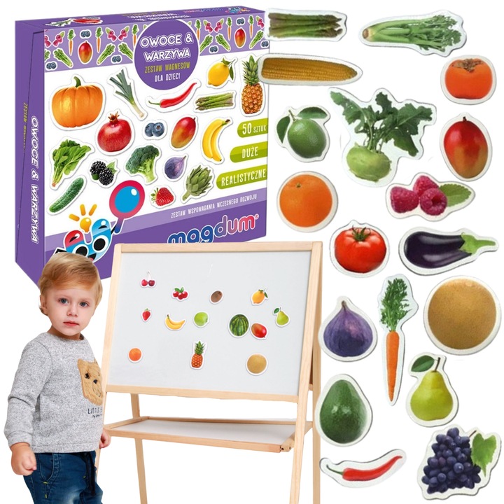 Set de magneti educationali, Maksik, Owoce si warzywa, 50 bucati, 7,1cm, multicolor, 20,5x20,5x4,4cm