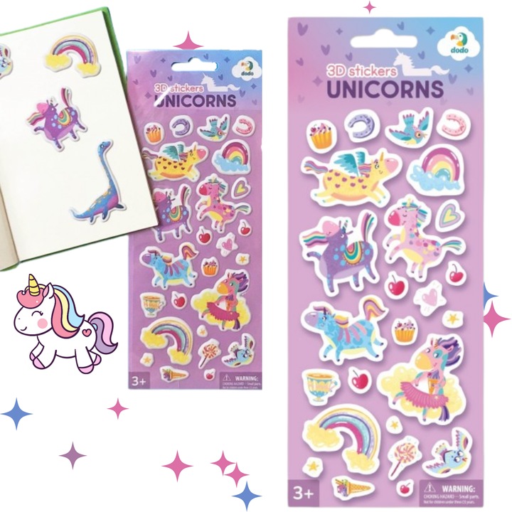 3D matrica készlet gyerekeknek, maksik, unikornisok, színes, 25x10x0,2cm