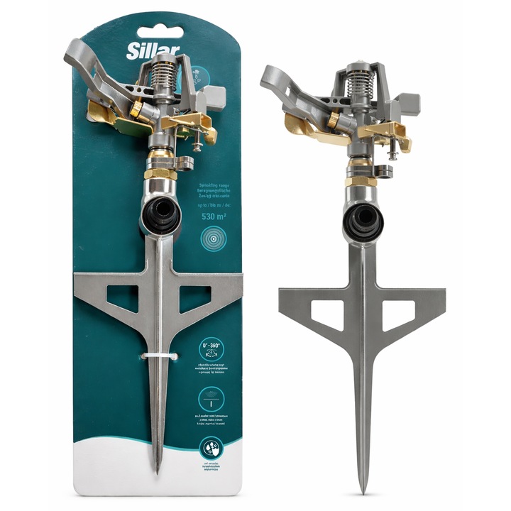 Aspersor pulsatoriu din metal Sillar aspersor de gradina reglabil pentru furtunuri 1/2", udarea peluzelor si gradinilor, 1 buc