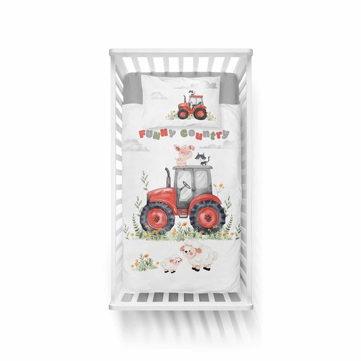 Lenjerie pentru patut, DETEXPOL, 90x120cm + 40x60cm, 100% bumbac, model tractor, set двусторонний
