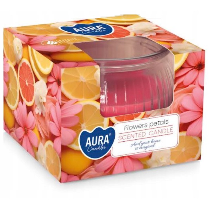 Ароматна свещ Bispol Aura, Венчелистчета от цветя, розова, 7.7x7.9см, 18 часа горене