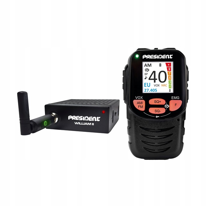 Statie radio CB President William II, 40 canale, AM/FM, 13,2V/26,4V, dimensiuni 115x140x45mm, set cu microfon wireless