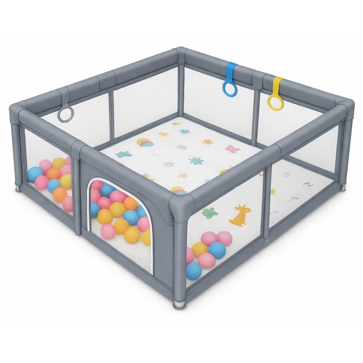 Детска кошара за игра, HappyKID с 4 пръстена за повдигане, постелка и топки, защитна мрежа и врата с цип, размери 120x120x65cm