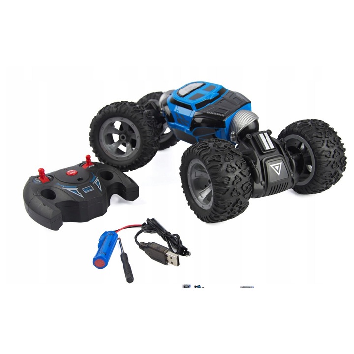 Masinuta RC 4x4 Maksik, teren, acrobatii, albastru-negru, set cu acumulator si incarcator USB