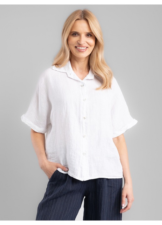 Női ing Perso, fehér, lenvászon, galléros, rövid kimonó ujjú