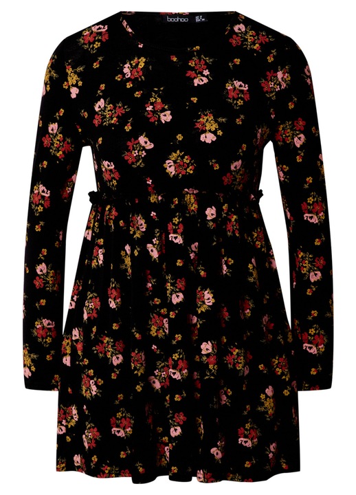 Rochie neagra cu imprimeu floral, Boohoo, Petite, Negru