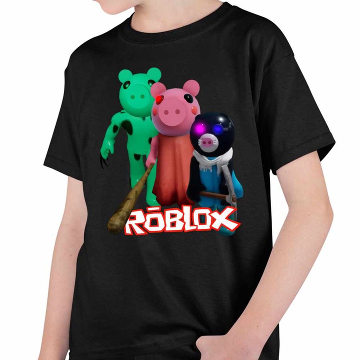 Tricou Copii Baieti Piggy Dinopiggy Roblox Mimiblue, Fekete