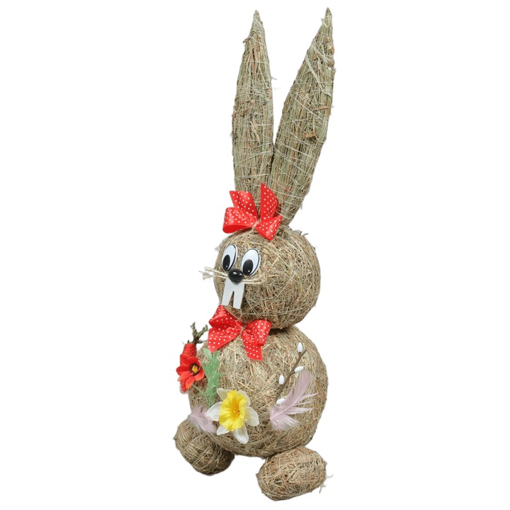 Iepuras Decorativ de Paste din Paie, Natur cu Fundita Rosie si Flori, 54 cm, Ornament Rustic pentru Decor Interior