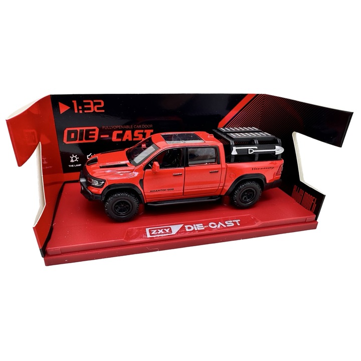 Macheta Dodge RAM Mammoth 1000 Hennessey piros 1:32 fém replika fényekkel és hangokkal nyitható ajtók motorháztető és csomagtartó