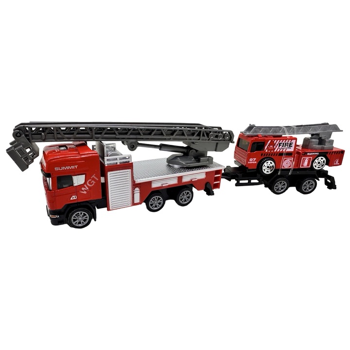 Tűzoltóautó készlet daruval és tűzoltó speciális utánfutóval 1:64 fém replika kihúzható létra