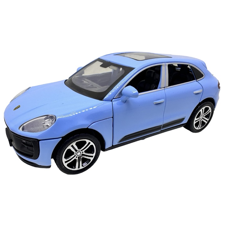 Macheta Porsche Macan Turbo kék 1:32 fém replika fényekkel és hangokkal, nyitható ajtókkal, motorháztetővel és csomagtartóval