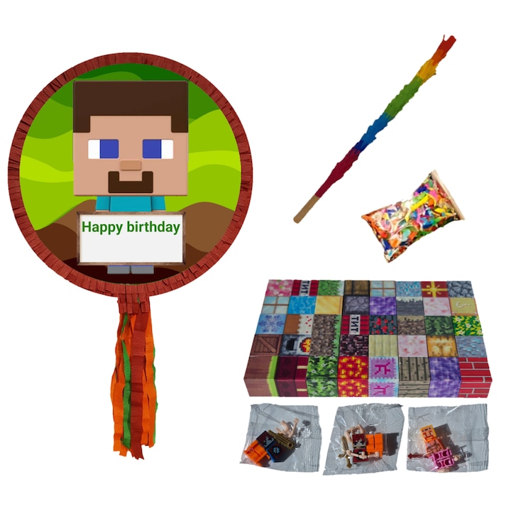 Pinata Minecraft Steve, cu 40 de cuburi magnetice si 3 figurine, Pinastar, cu bat si confetti