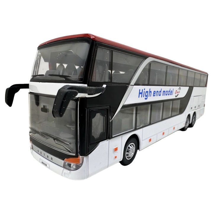 Fém makett Setra emeletes fehér busz 1:32 méretarányú turistabusz modell nyitható ajtókkal és rekeszekkel, hanggal és fényekkel