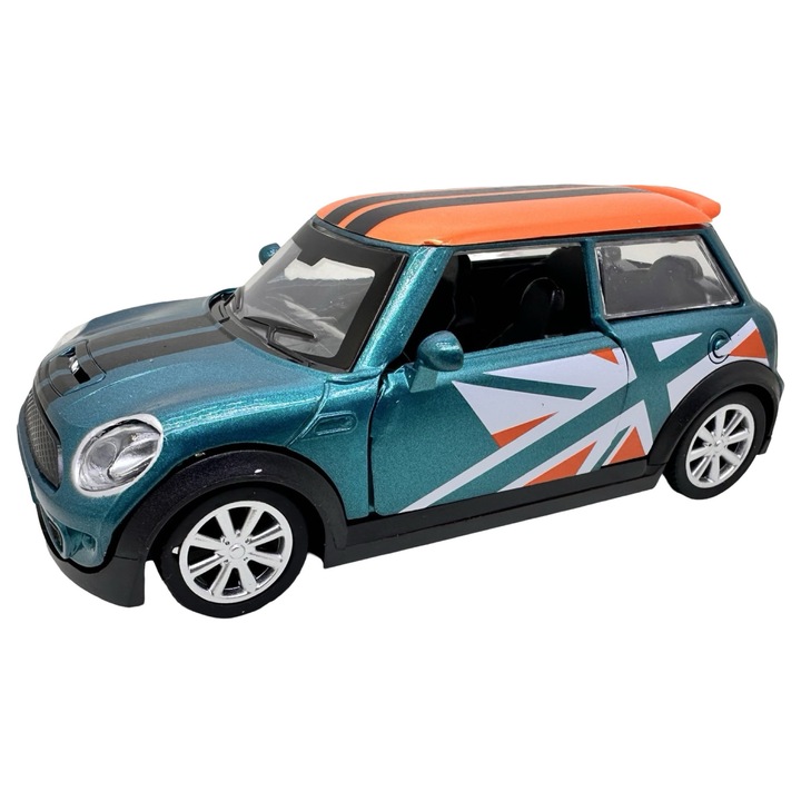 Macheta Mini Cooper Racing verde 1:32 replica metal lumini si sunete usi deschise