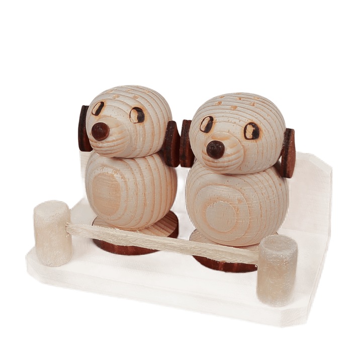 Set Solnita Dubla din Lemn Model Caine Artizanal 7 cm cu Suport 12.5 x 8 x 5 cm