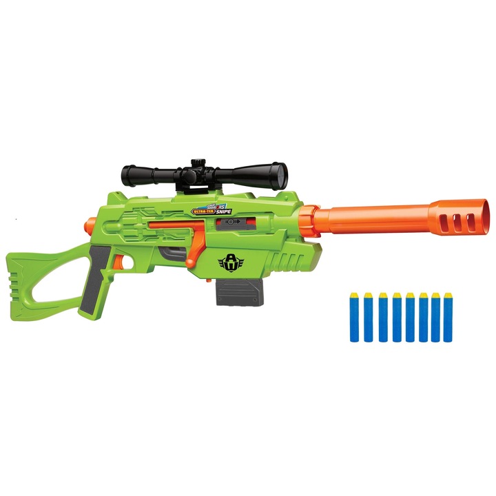 Pistol de jucarie, 10 sageti, 28m, verde, 90cm