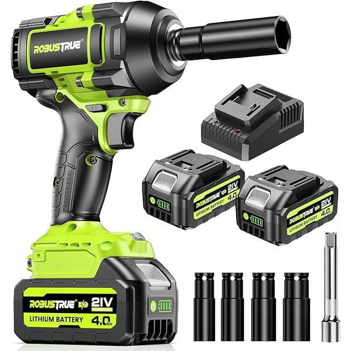 Cheie impact fara perii 21V 1100Nm, 2 acumulatori, 4 capete, valiza, negru-verde